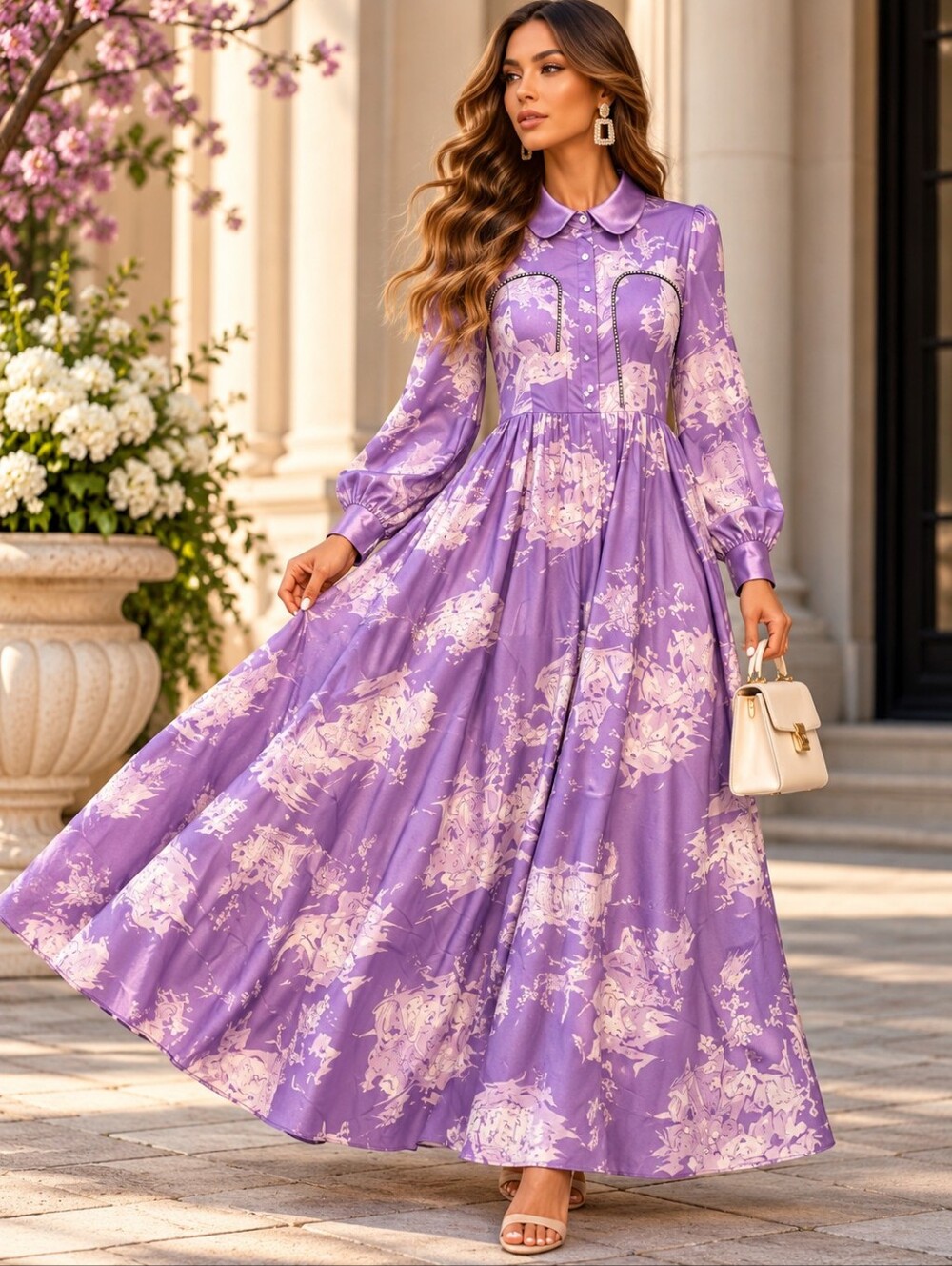 SHEIN Lavender Toile Rhinestone Trim Long Sleeve Maxi Dress XXL US 14 NWOT